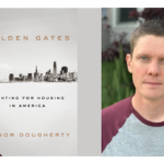 A profile photo of Conor Dougherty placed beside the front cover of his book Golden Gates