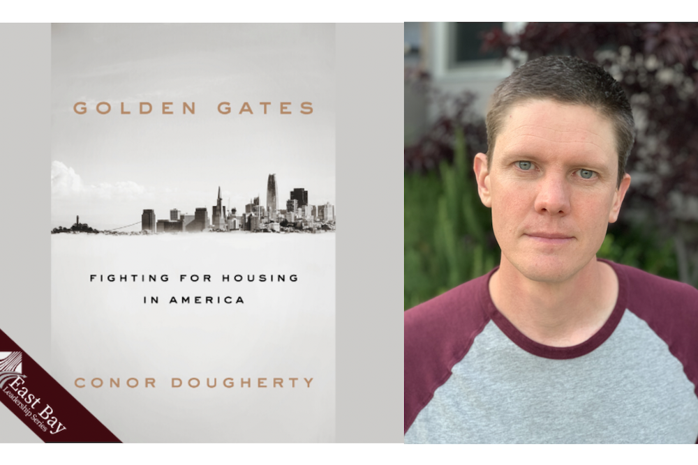 A profile photo of Conor Dougherty placed beside the front cover of his book Golden Gates