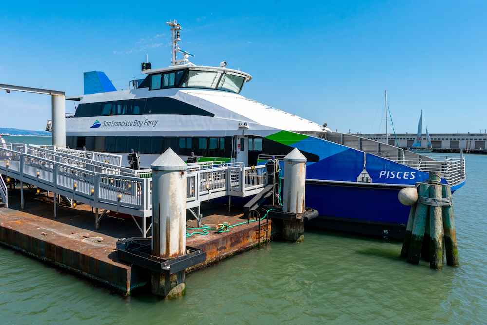 San Francisco Bay Ferry boat Pisces docked at Oracle Park terminal. San Francisco Bay Ferry is a public transit passenger ferry service